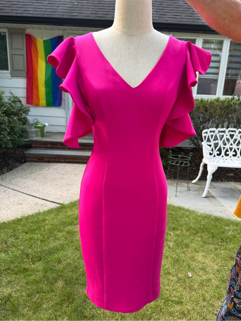 Posh Hot Pink V-Neck Ruffle Sleeve Midi Dress